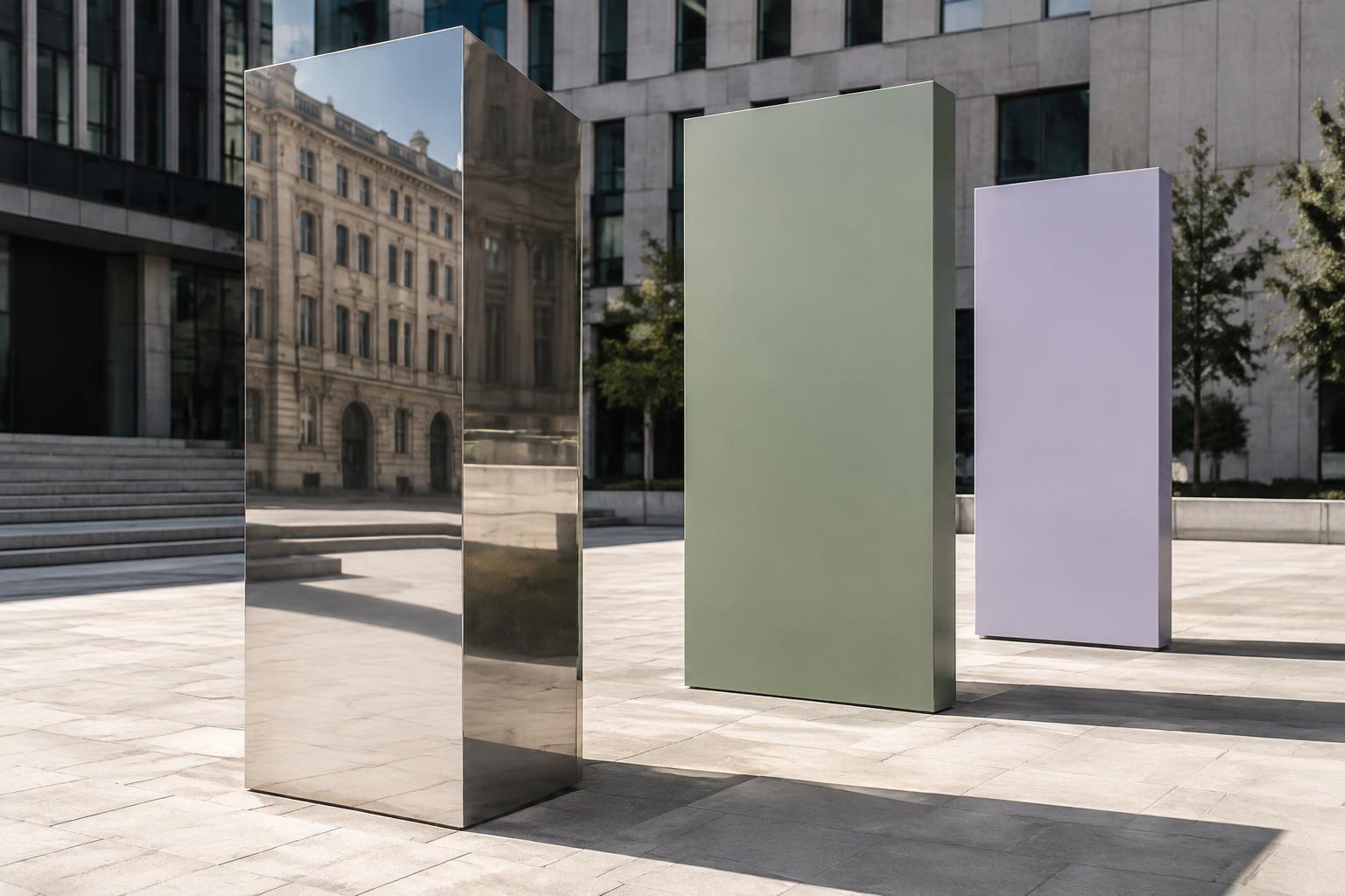 Skulpturale öffentliche Plakatflächen in Sage und Lilac neben einem spiegelnden Signal im Stadtraum.