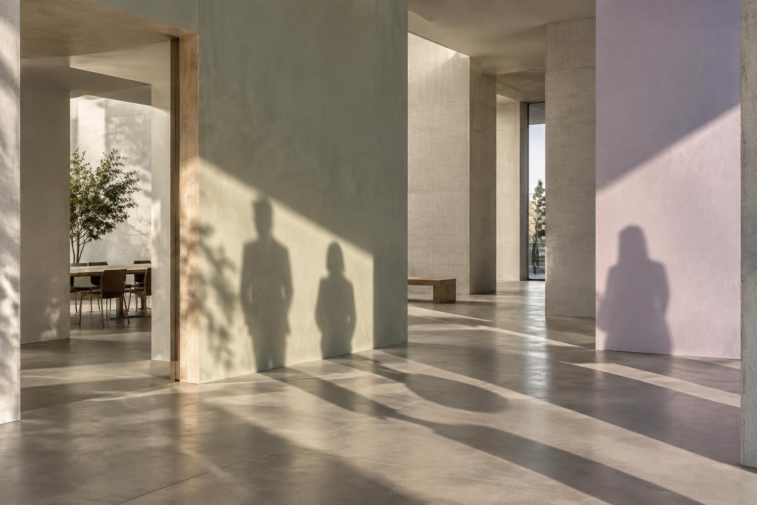 Architektonisches Licht- und Raumgefüge mit menschlichen Schatten auf sage- und lilacfarbenen Wänden.